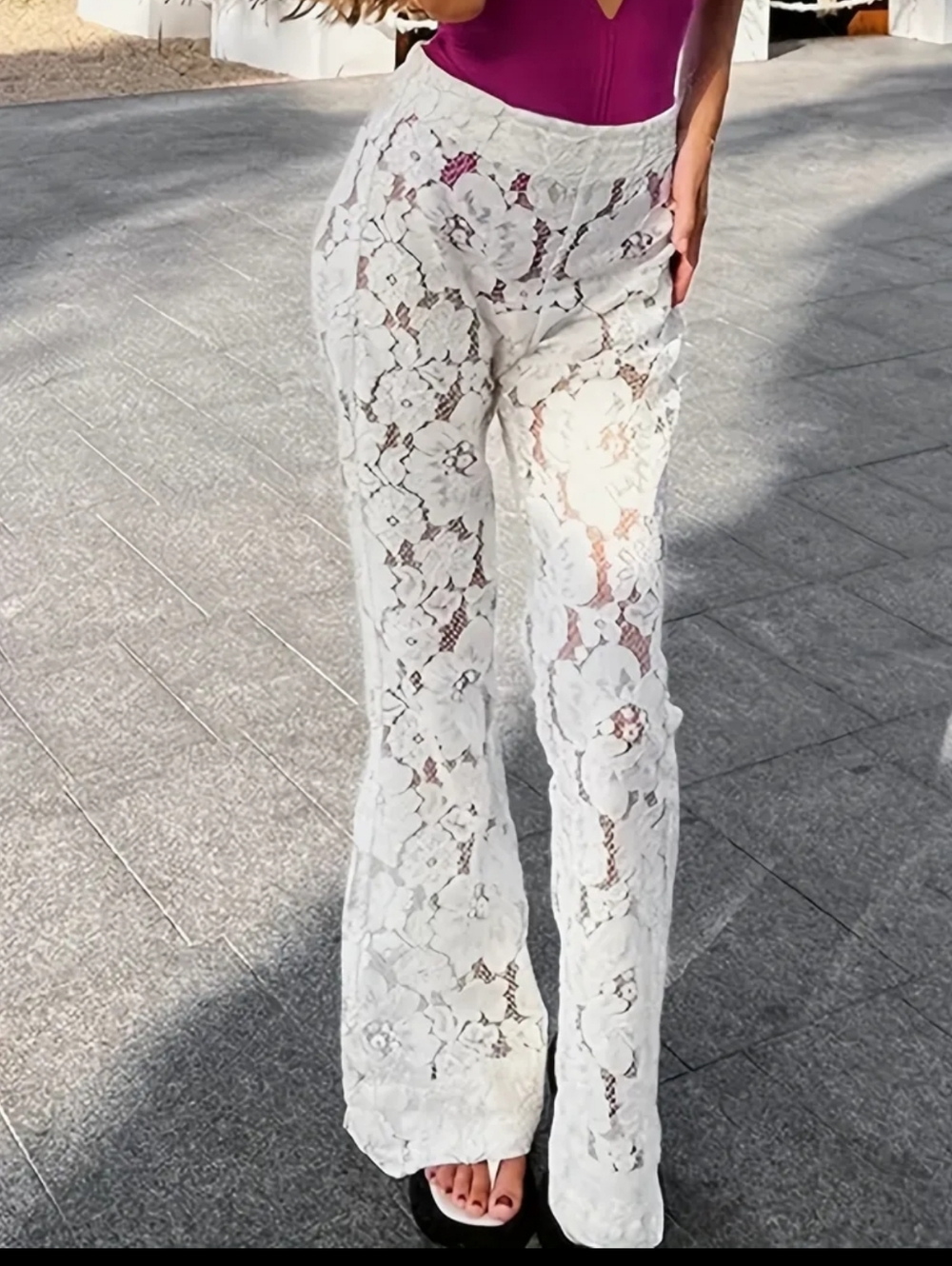 White Lace Flared Pants for Women - Picture 4 of 4